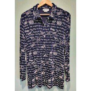 Vtg Softwear Mark Singer  Stretch Long Sleeve Travel Theme Button Up Tunic Top L